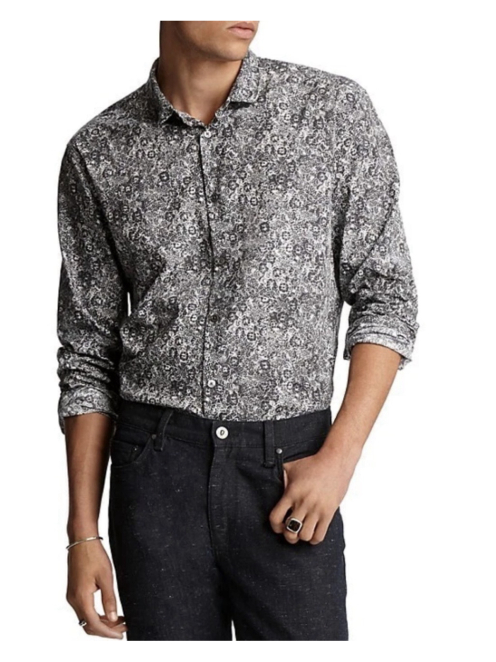JOHN VARVATOS Shirt Men’s XL Floral Black White Cotton Button Up